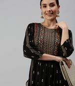 women's calf length round neck black ethnic motifs straight kurta