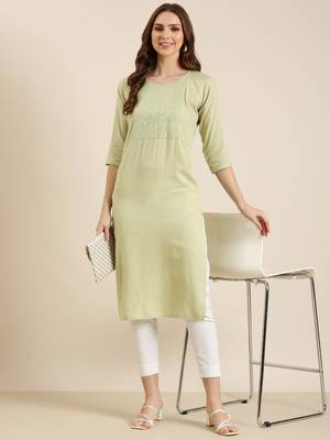 women's calf length round neck sea green solid straight kurta 5