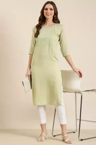women's calf length round neck sea green solid straight kurta