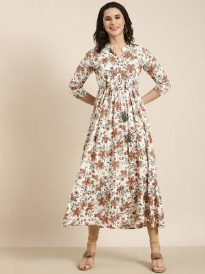 women's calf length mandarin collar cream floral anarkali kurta 5