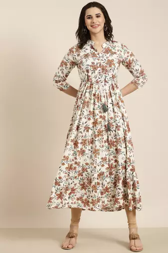 women's calf length mandarin collar cream floral anarkali kurta