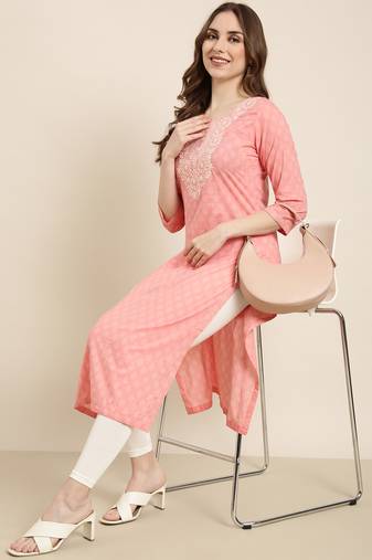 Showoff women's calf length round neck peach ethnic motifs straight kurta