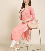Showoff women's calf length round neck peach ethnic motifs straight kurta