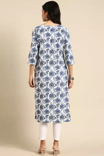 Showoff women's calf length round neck white floral straight kurta