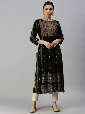 women's calf length round neck black ethnic motifs straight kurta 2