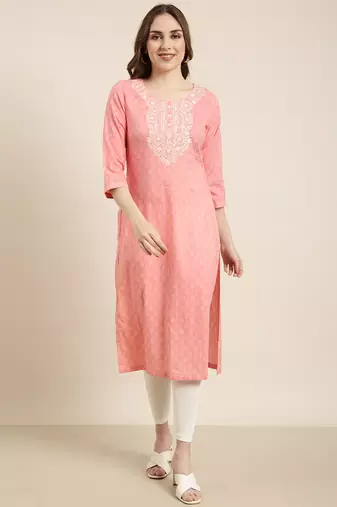 Showoff women's calf length round neck peach ethnic motifs straight kurta