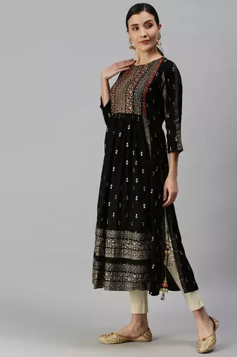 women's calf length round neck black ethnic motifs straight kurta