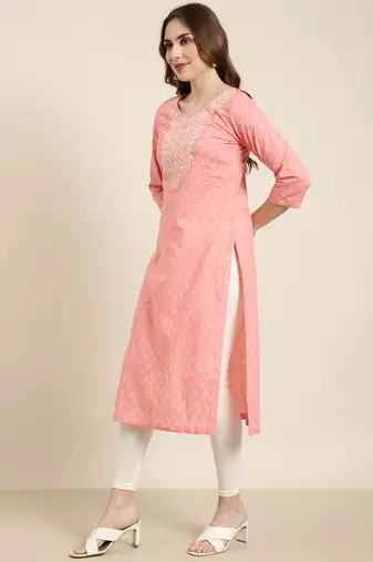 Showoff women's calf length round neck peach ethnic motifs straight kurta