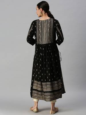 women's calf length round neck black ethnic motifs straight kurta 4