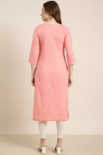 Showoff women's calf length round neck peach ethnic motifs straight kurta