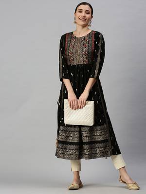women's calf length round neck black ethnic motifs straight kurta 5