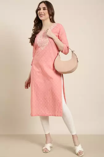 Showoff women's calf length round neck peach ethnic motifs straight kurta