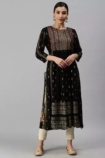 women's calf length round neck black ethnic motifs straight kurta