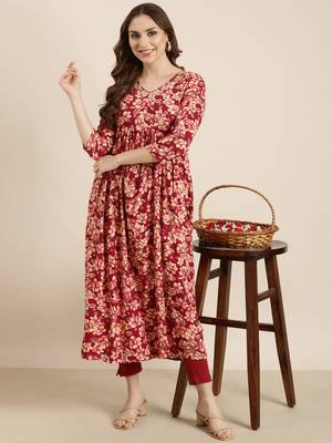 women's calf length v-neck pink floral anarkali kurta 1