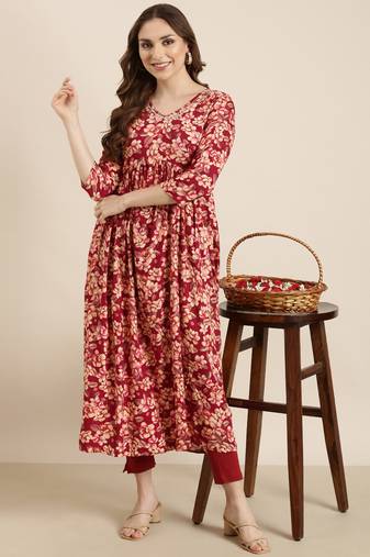 women's calf length v-neck pink floral anarkali kurta