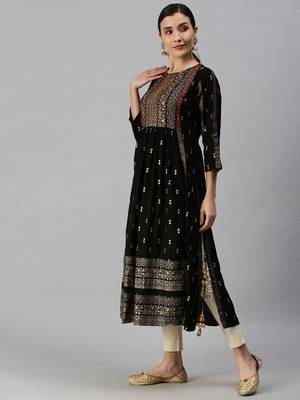 women's calf length round neck black ethnic motifs straight kurta 3