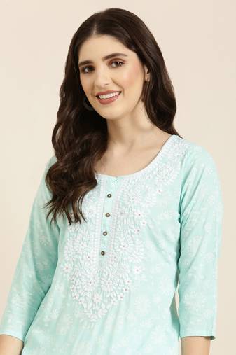 women's knee length round neck sea green floral straight kurta