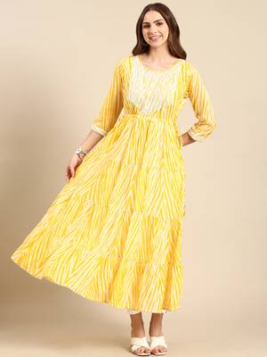 women's ankle length round neck yellow striped anarkali kurta 1