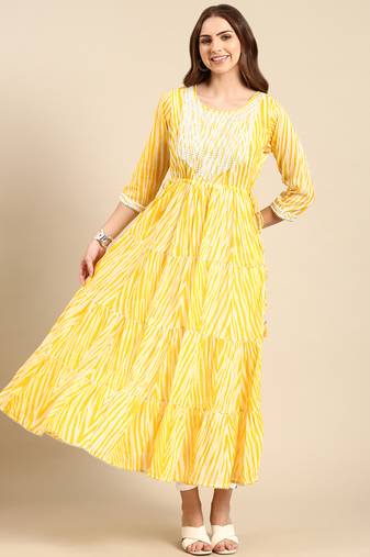 women's ankle length round neck yellow striped anarkali kurta