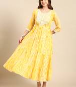 women's ankle length round neck yellow striped anarkali kurta
