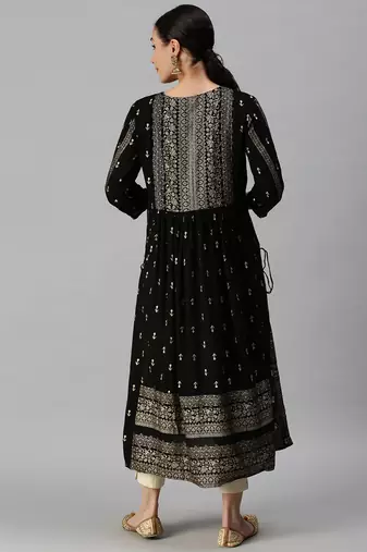 women's calf length round neck black ethnic motifs straight kurta