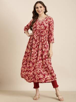women's calf length v-neck pink floral anarkali kurta 2