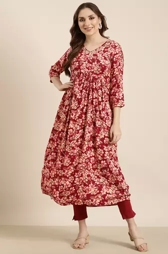 women's calf length v-neck pink floral anarkali kurta