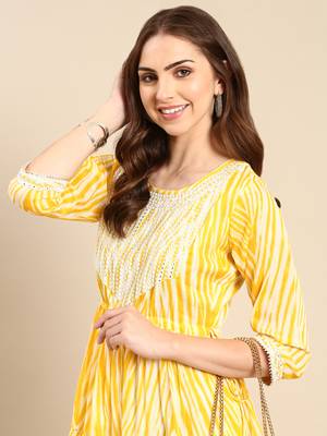 women's ankle length round neck yellow striped anarkali kurta 2