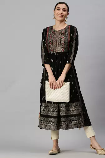 women's calf length round neck black ethnic motifs straight kurta