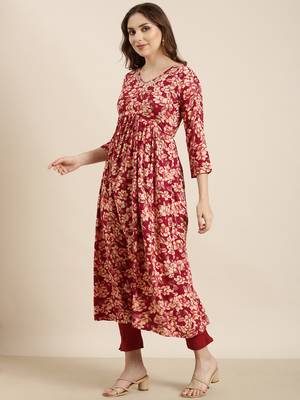 women's calf length v-neck pink floral anarkali kurta 3