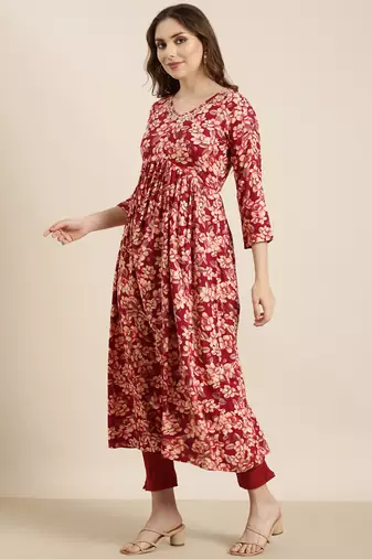 women's calf length v-neck pink floral anarkali kurta