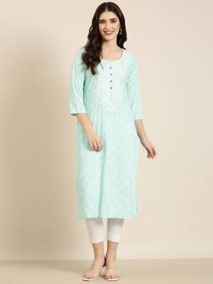 women's knee length round neck sea green floral straight kurta 2