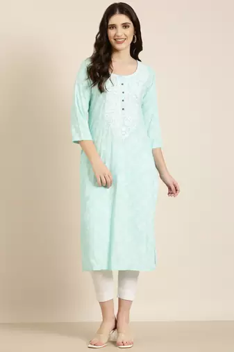women's knee length round neck sea green floral straight kurta
