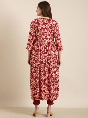 women's calf length v-neck pink floral anarkali kurta 4
