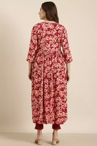 women's calf length v-neck pink floral anarkali kurta
