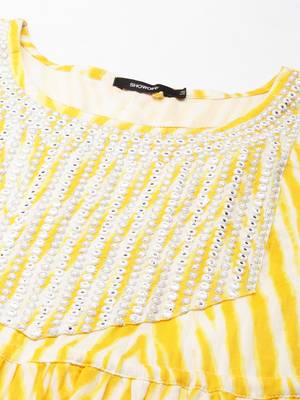women's ankle length round neck yellow striped anarkali kurta 3