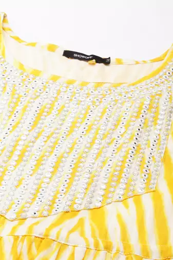 women's ankle length round neck yellow striped anarkali kurta