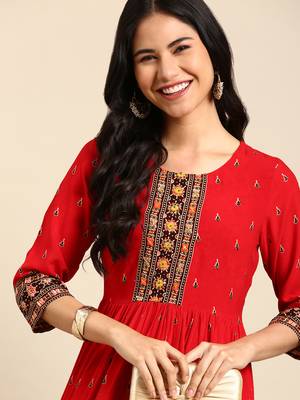 women's ankle length round neck red ethnic motifs anarkali kurta 1