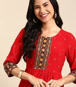 women's ankle length round neck red ethnic motifs anarkali kurta