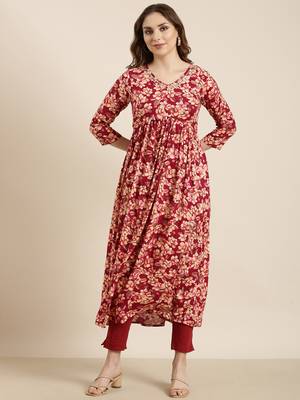 women's calf length v-neck pink floral anarkali kurta 5