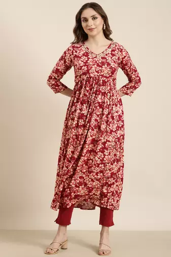 women's calf length v-neck pink floral anarkali kurta