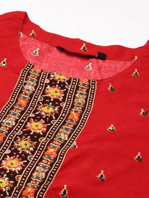 women's ankle length round neck red ethnic motifs anarkali kurta 2