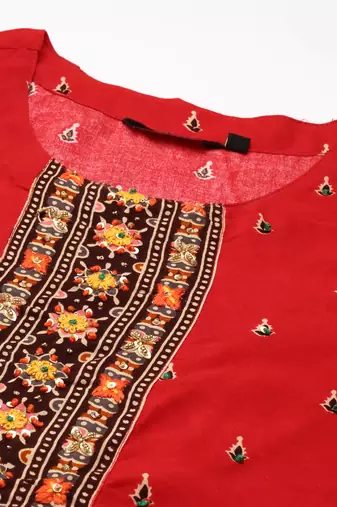women's ankle length round neck red ethnic motifs anarkali kurta
