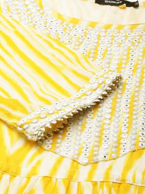 women's ankle length round neck yellow striped anarkali kurta 4