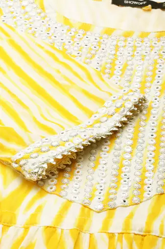 women's ankle length round neck yellow striped anarkali kurta