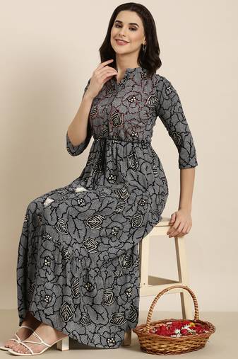 women's calf length mandarin collar navy blue bandhani anarkali kurta