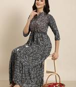 women's calf length mandarin collar navy blue bandhani anarkali kurta