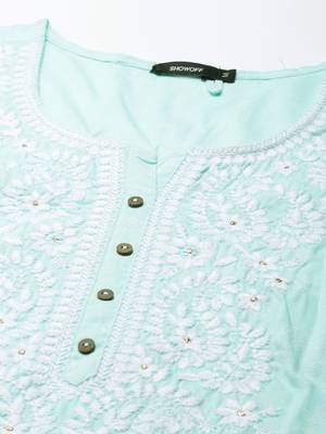 women's knee length round neck sea green floral straight kurta 3