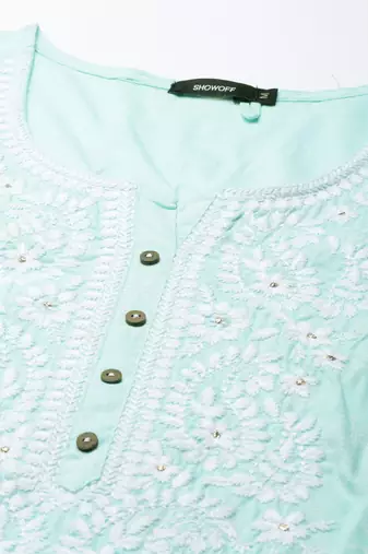 women's knee length round neck sea green floral straight kurta
