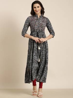 women's calf length mandarin collar navy blue bandhani anarkali kurta 2